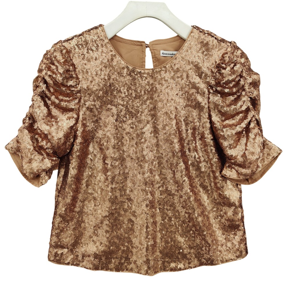 Abercrombie & Fitch Women Party Glam Sequin Puff Sleeve Top XS Rose Gold Sparkle